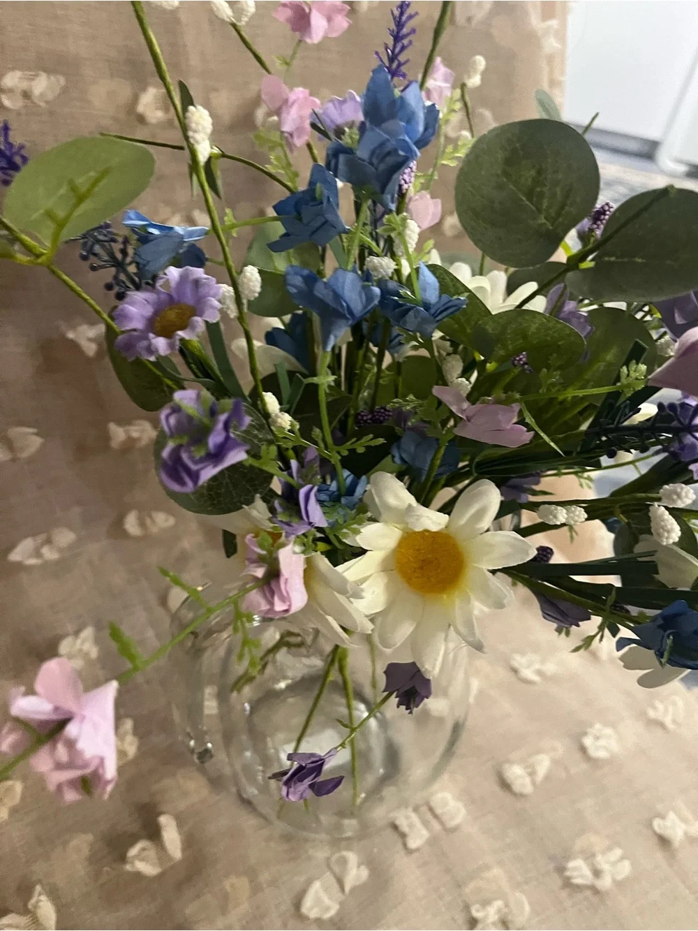 Handcrafted Faux Floral Bouquet with White, Purple & Blue Accents